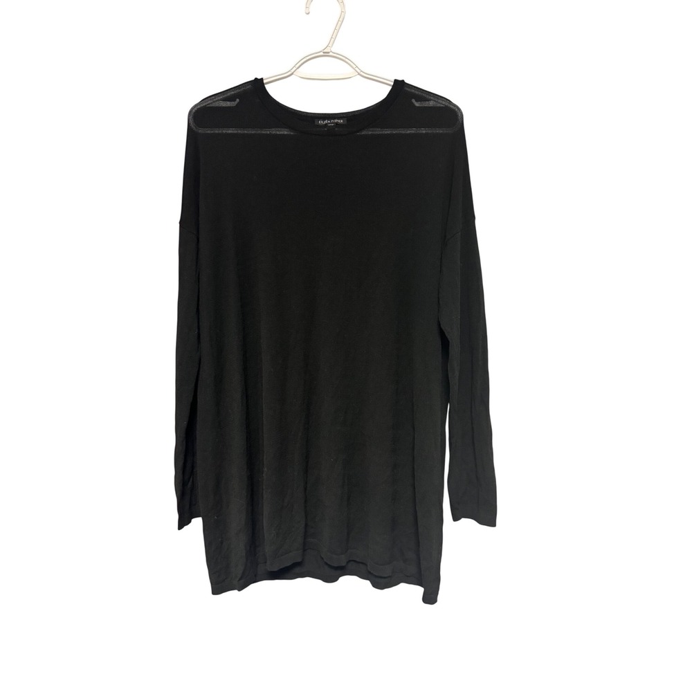 Eileen Fisher‎ Black Sheer Knit Long Sleeve Tunic Top Size Small Crew Neck Work